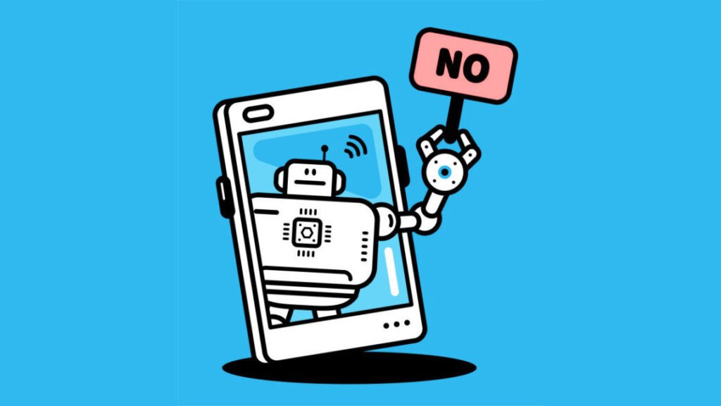 Illustration: An AI chatbot assistant holds a No Sign on a smartphone screen