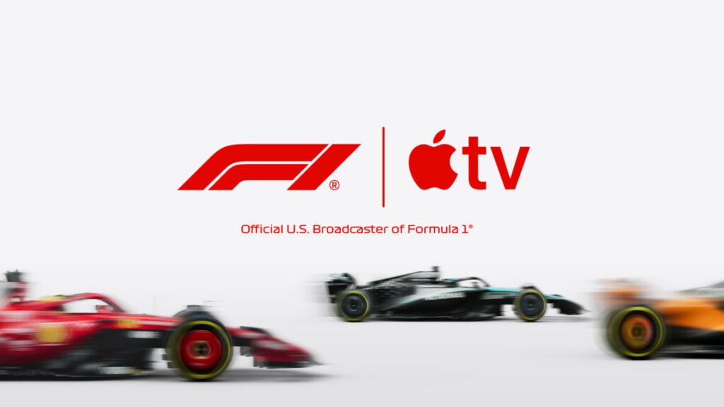 F1 cars drive underneath the F1 and Apple TV logos.