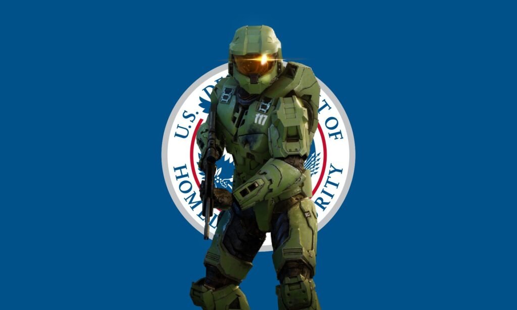 DHS Uses Halo To Try And Recruit People For ICE Master Chief in front of the logo for DHS